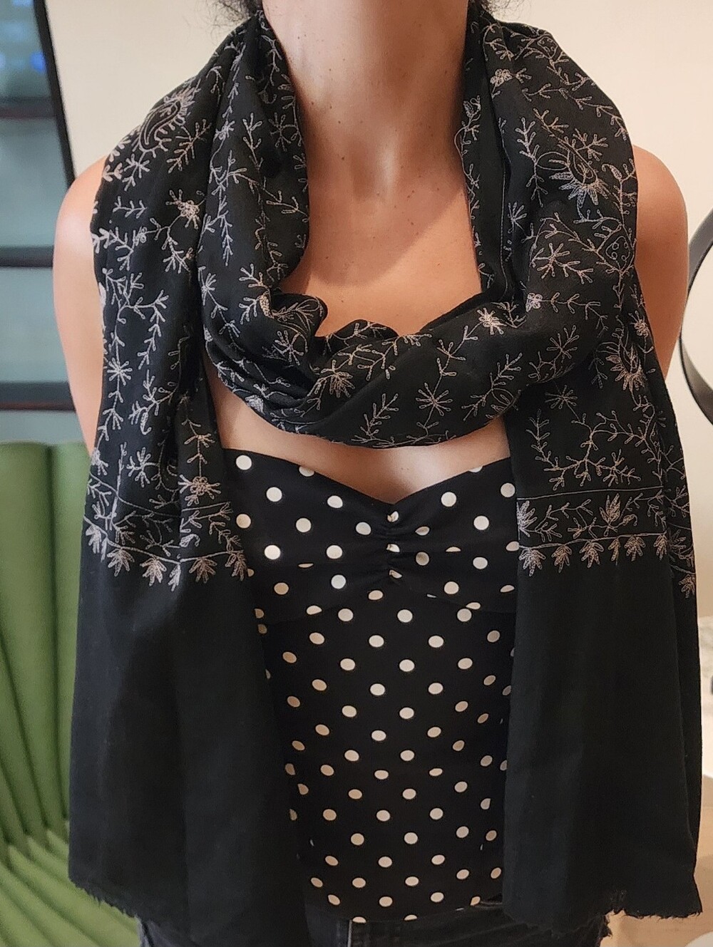 Large Black Shawl with White Floral Embroidery